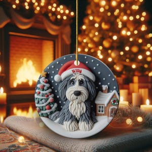Christmas dog sheepadoodle ceramic ornament hanging on display in the Christmas living room!  Cute santa hat puppy decor, personalized pet ornament, holiday tree decoration, custom dog gift, festive pet decor.  Doodle lover Christmas decoration for Sheepadoodle Sheepa Doodle Moms!