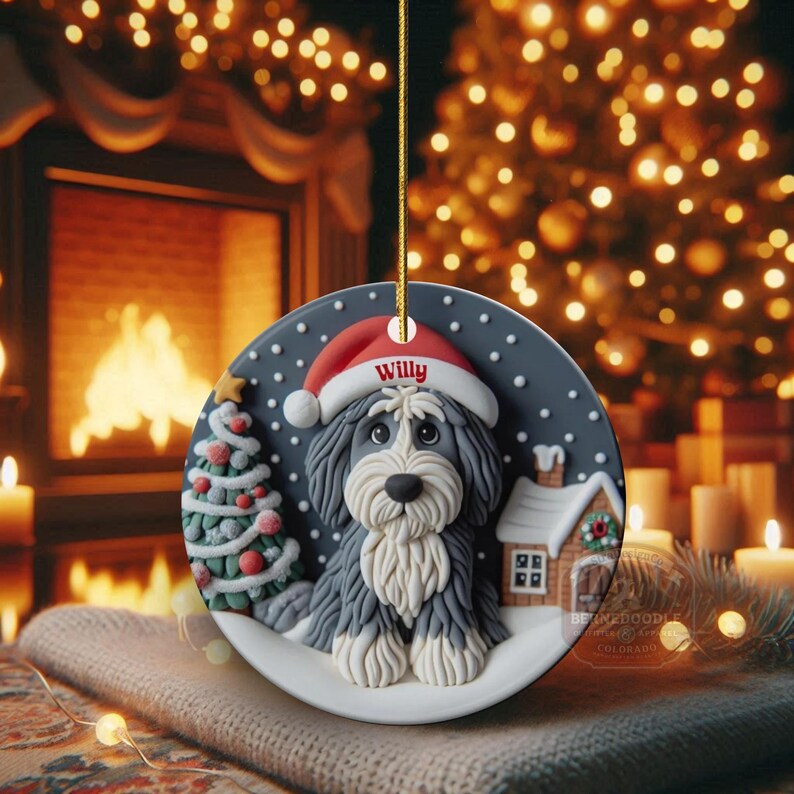 Christmas dog sheepadoodle ceramic ornament hanging on display in the Christmas living room!  Cute santa hat puppy decor, personalized pet ornament, holiday tree decoration, custom dog gift, festive pet decor.  Doodle lover Christmas decoration for Sheepadoodle Sheepa Doodle Moms!