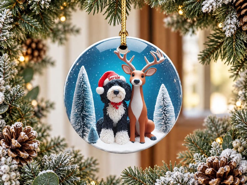 May include: A round ceramic Christmas ornament featuring a black and white dog wearing a red Santa hat with the name Bernie printed on it, sitting next to a brown deer in a snowy forest with pine trees against a blue background.