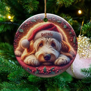 Puppy Santa Ornament, Goldendoodle Christmas Keepsake | Two-Sided Ceramic | 3 Inch Gift, Sublimation Festive Dog Decor image 7