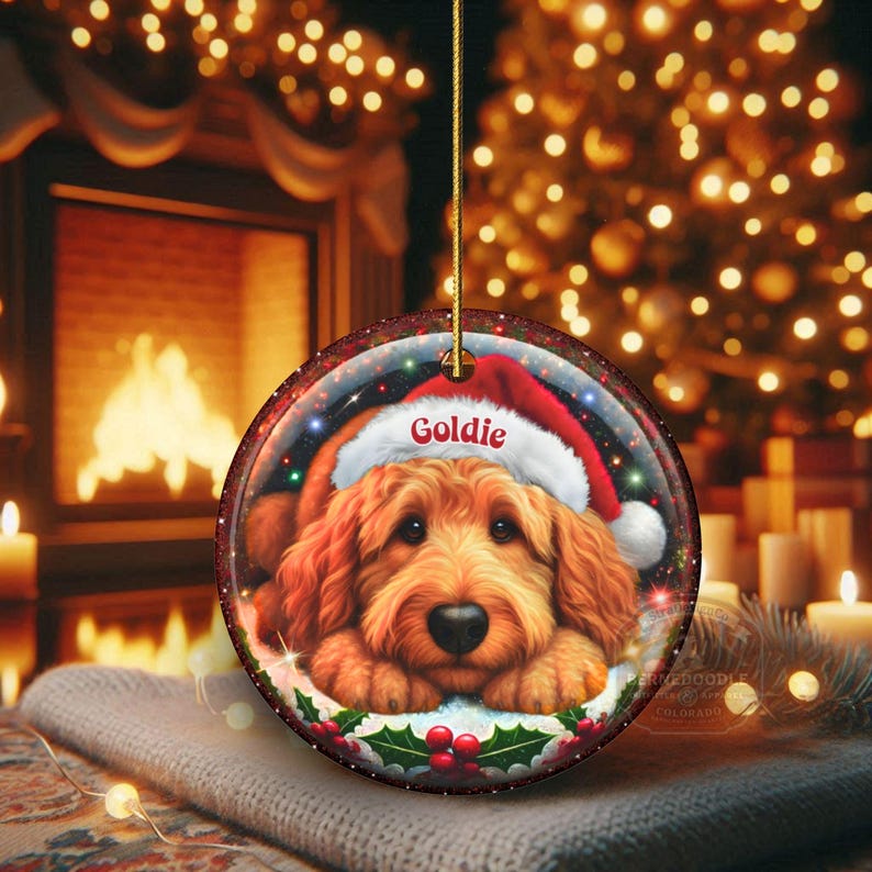 Ceramic golden doodle goldendoodle doodle dog ornament with impressive snow globe style design on both sides.  Excellent doodle mom gift.  Goldendoodle holiday heirloom gift and Christmas Tree Ornament!