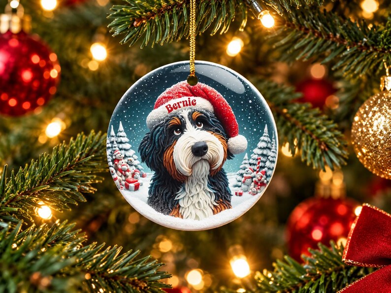 May include: A round ceramic Christmas ornament featuring a Bernese Mountain Dog wearing a red Santa hat with the name Bernie printed on the brim. The dog is set against a snowy winter landscape with pine trees and small snowmen.