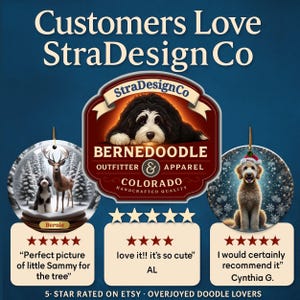 Op de afbeelding: De afbeelding toont een logo voor StraDesignCo met een Bernedoodle-illustratie. Het toont ook drie ronde ornamenten met hondenillustraties, klantbeoordelingen en de tekst "5- STAR RATED ON ETSY - OVERJOYED DOODLE LOVERS."
