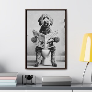 Black and White Canvas Goldendoodle Toilet Pet Portrait, Dog Reading Dog Magazine, Guest bathroom Framed Art, Doodle Lover gift, pet lovers image 6