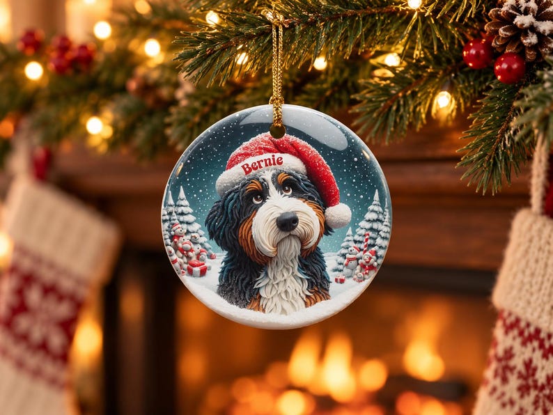 May include: A round ceramic Christmas ornament featuring a Bernese Mountain Dog wearing a red Santa hat with the name Bernie printed on the brim. The background shows a snowy winter landscape with pine trees and small snowmen figures.