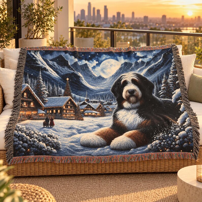 Puede incluir: Una manta tejida que presenta a un gran perro de monta&ntilde;a de Berna descansando en primer plano de una escena de pueblo invernal nevado. El paisaje incluye caba&ntilde;as cubiertas de nieve, pinos, una luna llena brillante y un cielo nocturno estrellado.