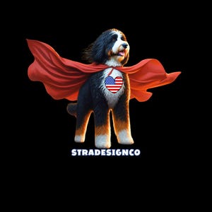 May include: A digital illustration of a dog wearing a red cape, with a heart-shaped emblem featuring the American flag on its chest. The dog has black, white, and brown fur. The text "STRADESIGNCO" is at the bottom.