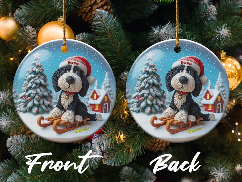 Christmas Ornament, Bernedoodle Sledding Scene | Sublimation Ceramic Decor | 3-Inch Glossy Flat Double-Sided image 3