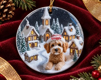 Personalized Goldendoodle Snow Globe Themed Ceramic Ornament Design is Printed on Both Sides