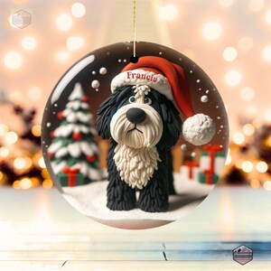 Cute Bernedoodle Ornament featuring a clay style ornament peering at the magic of Christmas.  Personalized Ornament and great gift for any doodle mom or doodle dad.