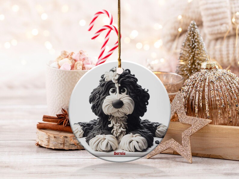 Bernedoodle Ornament, Dog Lover Gift | Sublimation Ceramic | Two-Sided Keepsake, Black White Illustration image 9