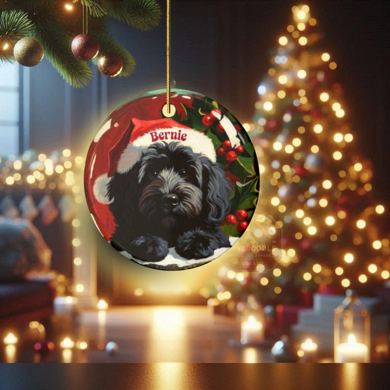 A black bernedoodle dog wearing a santa hat that is personalized with their name on it in this adorable Ceramic ornament!  Design appears on the front and the back of this doodle dog ornament!