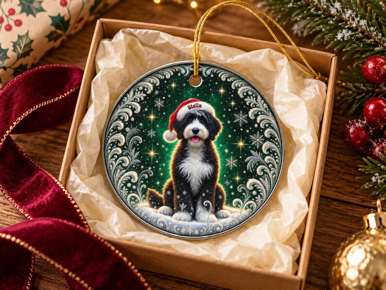 May include: A round ceramic ornament featuring a black and white dog wearing a red Santa hat with the name Stella printed on it. The dog sits against a dark green background with white snowflake patterns and a decorative silver border.