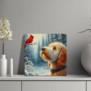 Bernedoodle- und Kardinal-Winter-Leinwandbild, Geschenk für Hundeliebhaber Bild 4