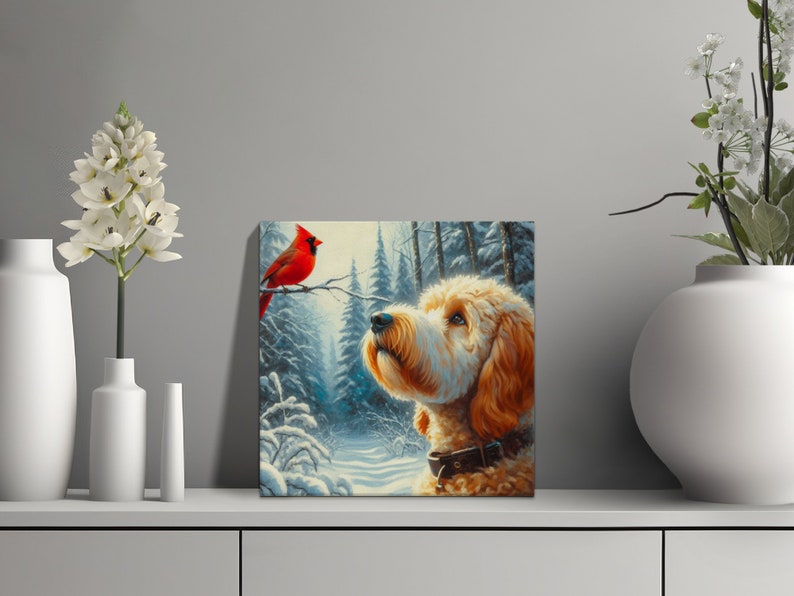 Bernedoodle- und Kardinal-Winter-Leinwandbild, Geschenk für Hundeliebhaber Bild 4