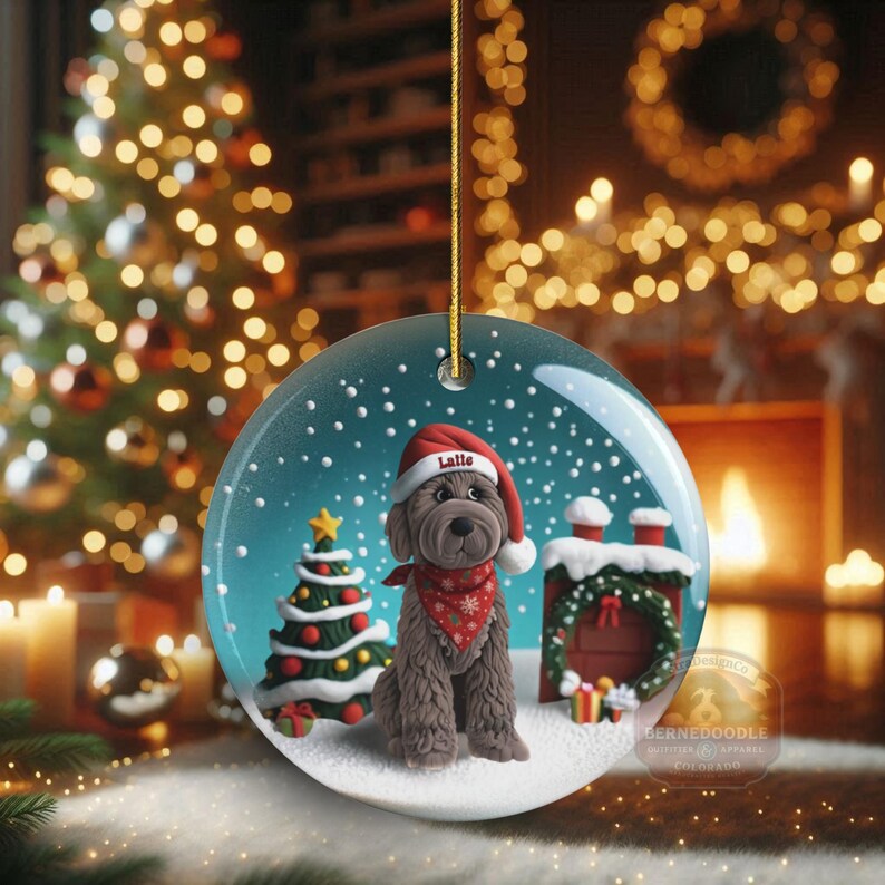 May include: A round Christmas ornament featuring a brown dog wearing a Santa hat and a red bandana. The ornament has a snowy scene with a Christmas tree and a fireplace. The dog's name, "Latte", is on the hat.