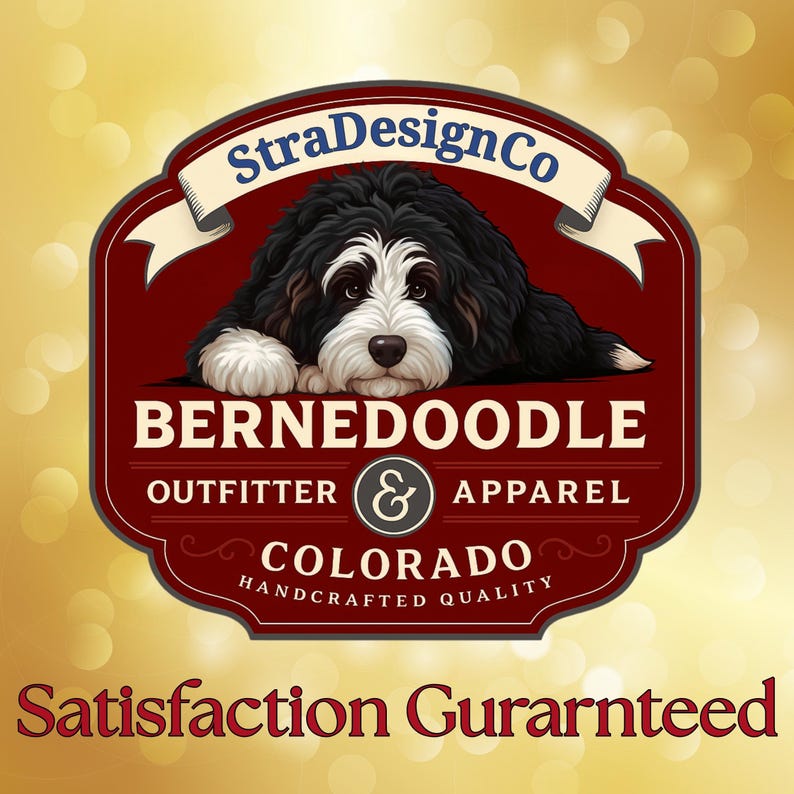 May include: A logo featuring a Bernedoodle dog illustration. The logo is in a maroon and cream color scheme, with the text "StraDesignCo" at the top and "BERNEDOODLE OUTFITTER & APPAREL COLORADO HANDCRAFTED QUALITY" below the dog image. The text "Satisfaction Guaranteed" is at the bottom.