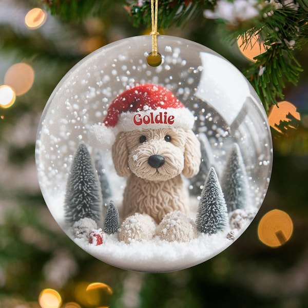 Santa Hat Ceramic, Goldendoodle Snow Globe Ornament | Sublimation Printed | 3 Inch Personalized Keepsake
