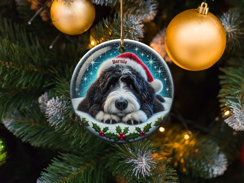 Bernedoodle-Weihnachtsschmuck: Festliche Keramikdekoration – personalisiertes Erinnerungsstück mit Sublimationsdruck, Geschenk für Tierliebhaber, beidseitiges Welpenmotiv Bild 2