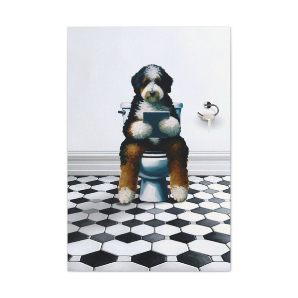 Bernedoodle Dog On Toilet, Dog Reading Tablet Bathroom, Dog Dad Art Gift, Funny Guest Bathroom Art, Dog Picture, Dog Wall Art, Doodle Gift