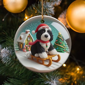Dog Sled Snowglobe, Custom Bernedoodle Ornament | Ceramic | Double-Sided Sublimation Print, Holiday Tree Charm, 3 Inch immagine 1