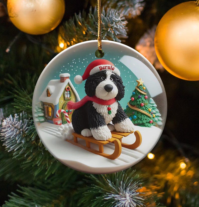 Dog Sled Snowglobe, Custom Bernedoodle Ornament | Ceramic | Double-Sided Sublimation Print, Holiday Tree Charm, 3 Inch immagine 1