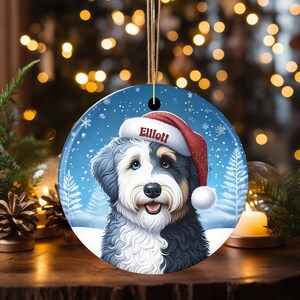 Merle Bernedoodle Ceramic Ornament, showcasing stunning blue eyes. Personalized ornament with your dogs name