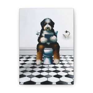 Bernedoodle Dog On Toilet, Dog Reading Tablet Bathroom, Dog Dad Art Gift, Funny Guest Bathroom Art, Dog Picture, Dog Wall Art, Doodle Gift image 2