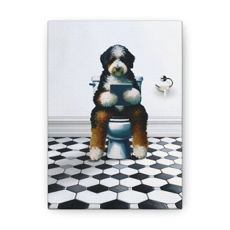 Bernedoodle Dog On Toilet, Dog Reading Tablet Bathroom, Dog Dad Art Gift, Funny Guest Bathroom Art, Dog Picture, Dog Wall Art, Doodle Gift image 2