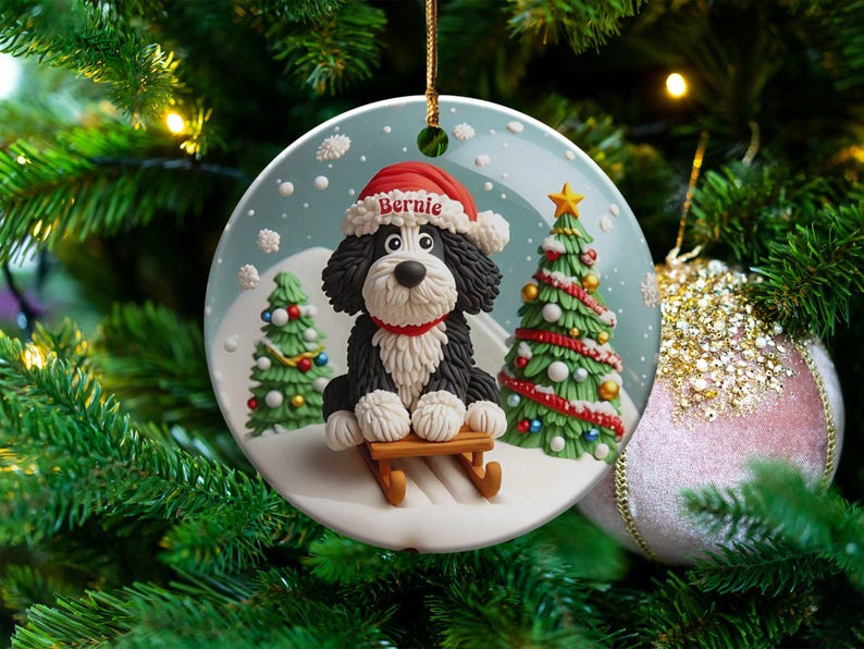 Christmas Ornament, Festive Dog On Sled - Claymation Style Artwork | Sublimation Ceramic | 3-Inch Double-Sided Holiday Decor image 8