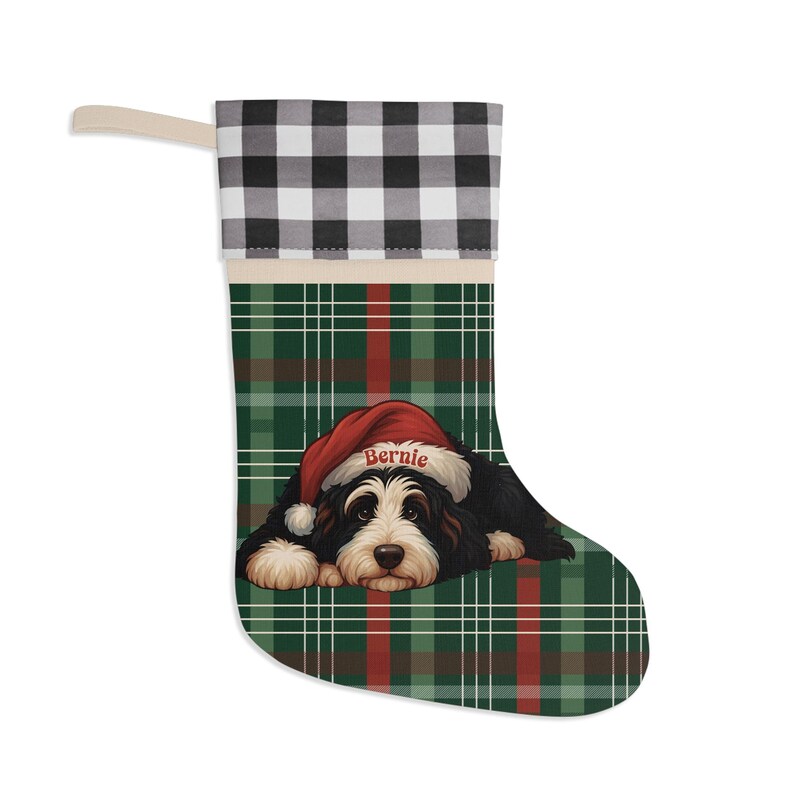 パーソナライズされたバーニーズドゥードルのクリスマスストッキング：ヴィンテージリネン＆チェック柄 画像 8