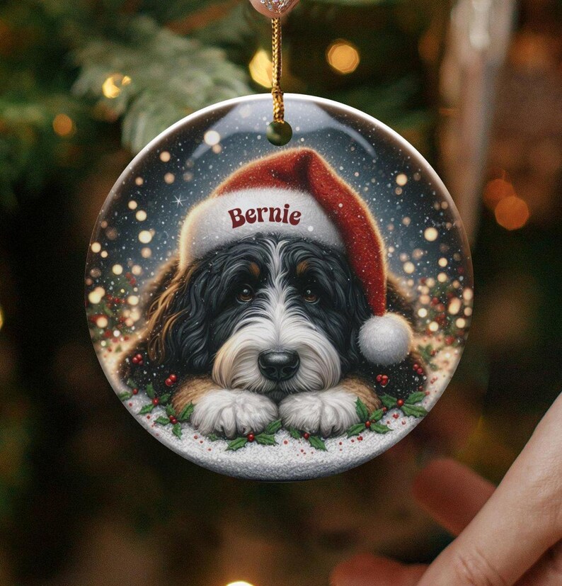 Bernedoodle Santa Ornament, Ceramic Keepsake - Sublimation Print | 3-Inch Holiday Decor | Dog Lover Gift For Christmas Tree image 4