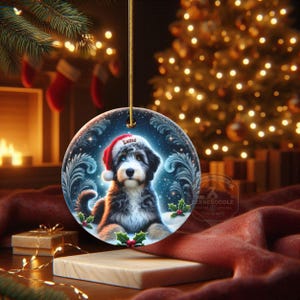 Merle Bernedoodle, Personalized Santa Hat Ornament | Sublimation Ceramic | Custom Dog Lover Gift image 18