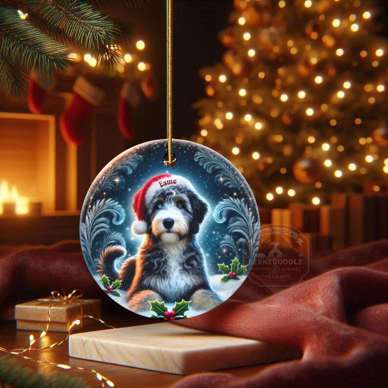 Merle Bernedoodle, Personalized Santa Hat Ornament | Sublimation Ceramic | Custom Dog Lover Gift image 18