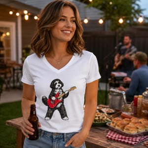 May include: A white V-neck t-shirt featuring a graphic illustration of a black and white dog standing on its hind legs while playing a bright red electric guitar. The shirt is worn with blue denim jeans and is held with a brown glass bottle.