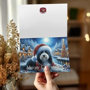 Christmas Card with Dog in Santa Hat, Festive Holiday Greeting Card, Merry Christmas Winter Scene Card, Cute Pet in Snow Card
