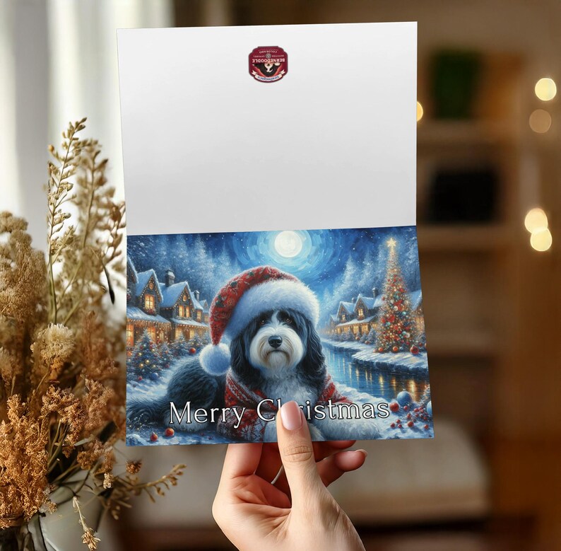 Christmas Card with Dog in Santa Hat, Festive Holiday Greeting Card, Merry Christmas Winter Scene Card, Cute Pet in Snow Card