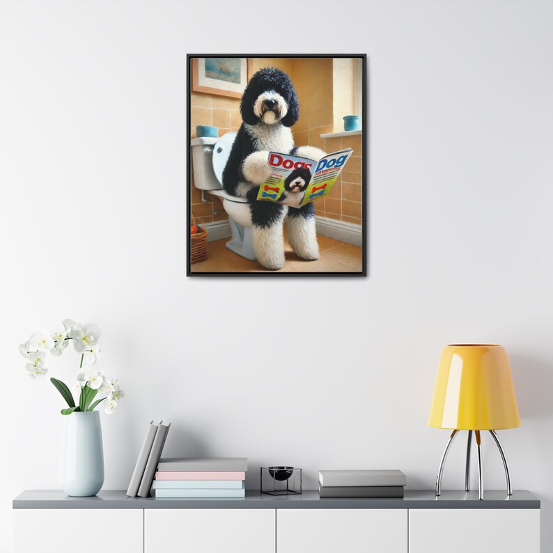 Sheepadoodle Sitting On Toilet Portrait Framed Canvas, Toilet Wall Art, Funny Doodle Bathroom Wall Art, Dog Person Gift, Doodle Dad Gift image 3