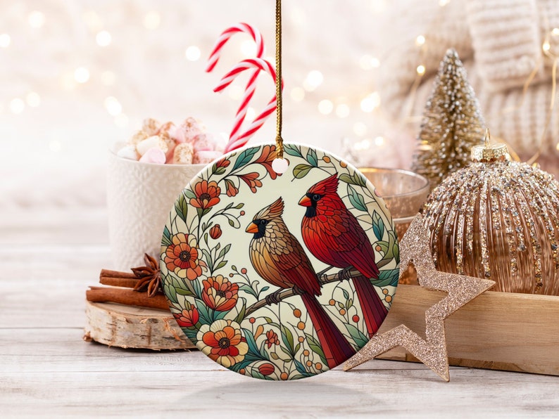 Cardinal Ceramic Ornament, Stained Glass Design, Cardinal gift, Mothers Day Gift, Bird Lovers Gift, Custom stained glass look, cardinal