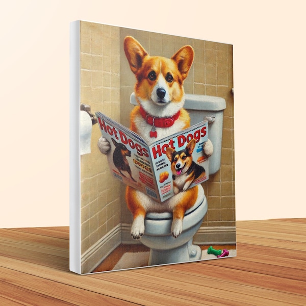 Funny Corgi Dog on Toilet Canvas Art - Bathroom Decor
