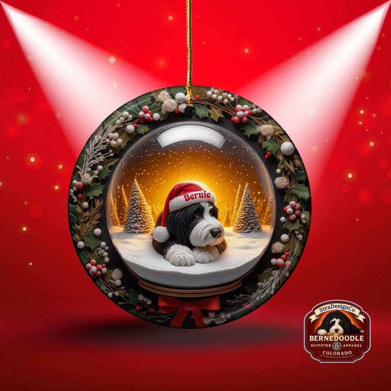 May include: A round Christmas ornament featuring a snow globe design with a black and white dog wearing a Santa hat that says "Bernie". The ornament is surrounded by a wreath and has a red bow.