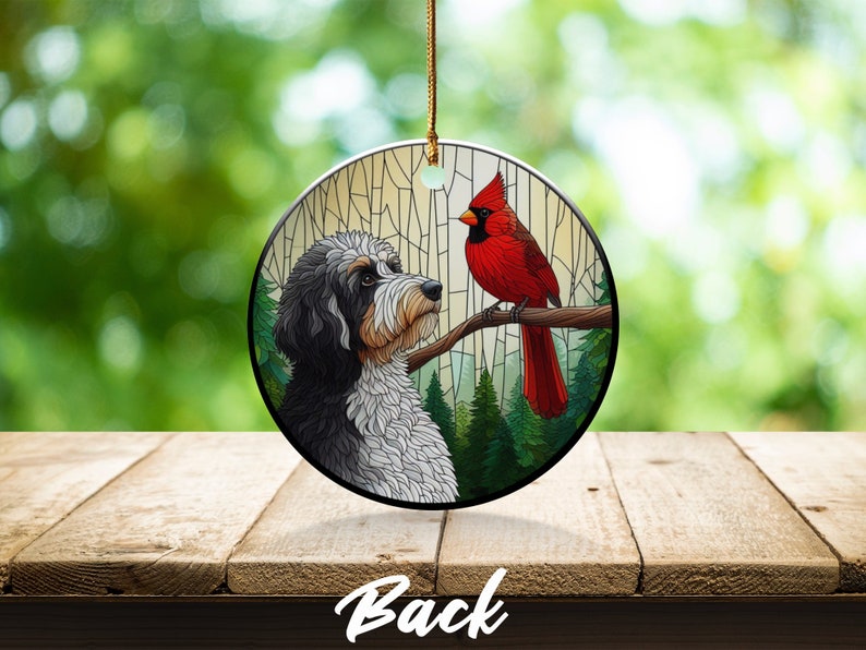 Cardinal and Bernedoodle Dog Ceramic Ornament, Oil Paint Style Design, Cardinal Lovers Gift, Mothers Day Gifts Bird Lovers Dog Mom Ornament