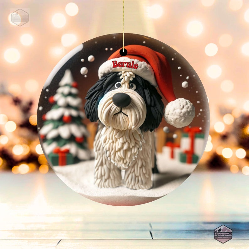 Clay-mation style bernedoodle dog inside of a snowglobe.