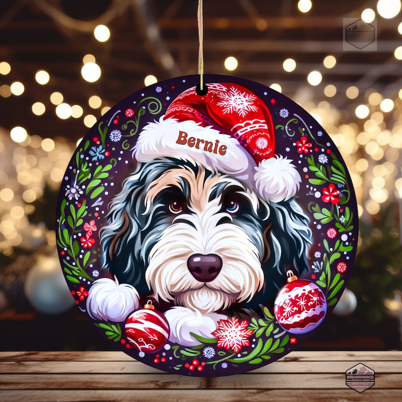 Merle Bernedoodle ceramic ornament with one blue eye and one brown eye!