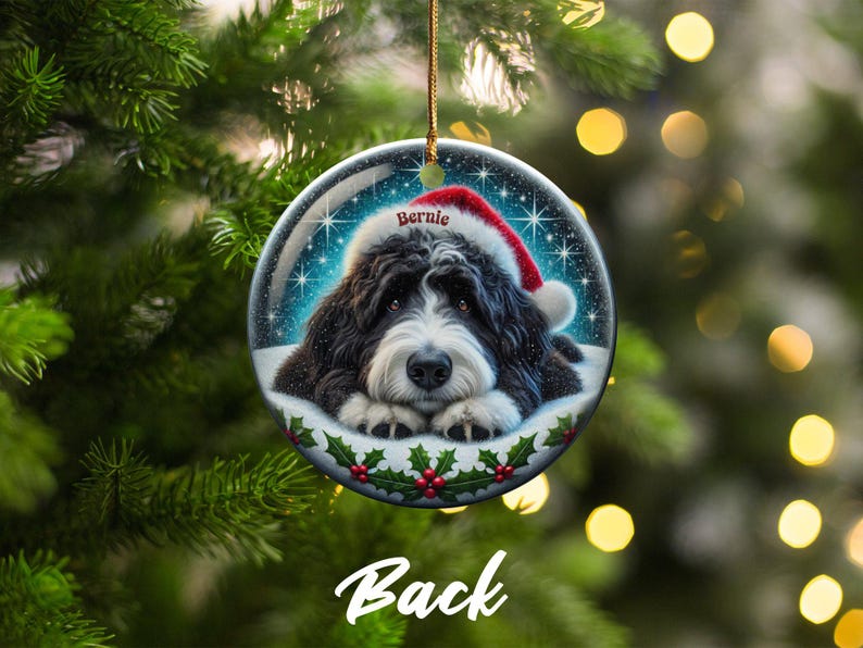 Bernedoodle-Weihnachtsschmuck: Festliche Keramikdekoration – personalisiertes Erinnerungsstück mit Sublimationsdruck, Geschenk für Tierliebhaber, beidseitiges Welpenmotiv Bild 4