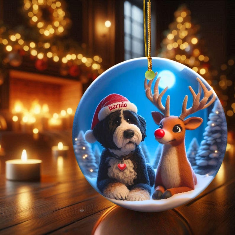 A fluffy Bernedoodle sits beside a gentle reindeer with a glowing red nose in a snowy winter forest. Soft blue and golden holiday lighting highlights the animals as snow falls around them. The Bernedoodle’s expressive face and the reindeer’s warm glow create a peaceful, magical Christmas scene perfect for woodland and dog-themed holiday décor.
