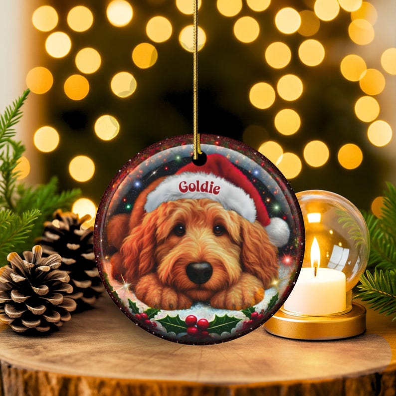 Ceramic golden doodle goldendoodle doodle dog ornament with impressive snow globe style design on both sides.  Excellent doodle mom gift.  Goldendoodle holiday heirloom gift and Christmas Tree Ornament!