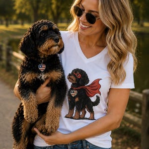 Hero Doodle Dog Fitted V-Neck Tee | Bernedoodle Superpup Graphic Shirt | Dog Lover Gift image 12