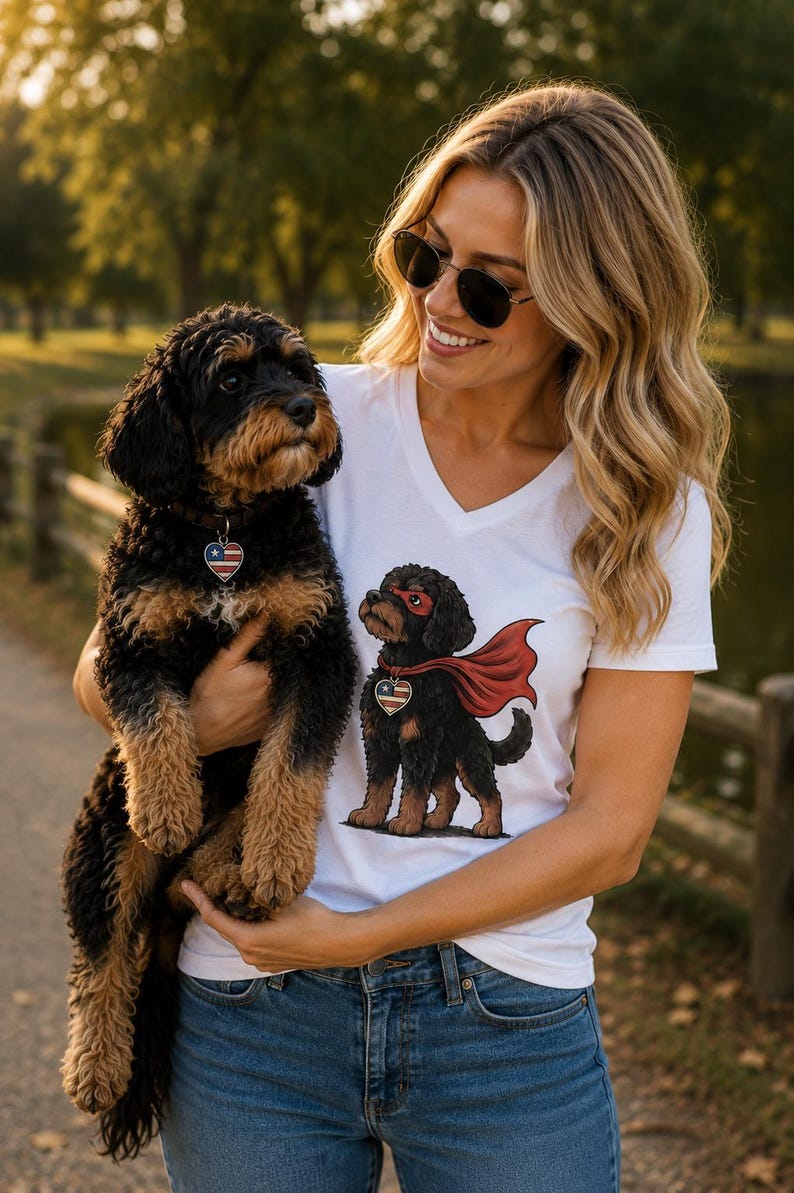 Hero Doodle Dog Fitted V-Neck Tee | Bernedoodle Superpup Graphic Shirt | Dog Lover Gift image 12