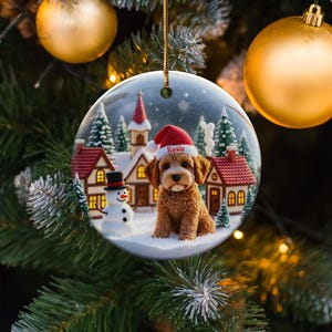 Christmas Tree Ornament, Cute Puppy with Santa Hat, Christmas Village Scene Ornament, Holiday Decoration, Dog Lover Gift